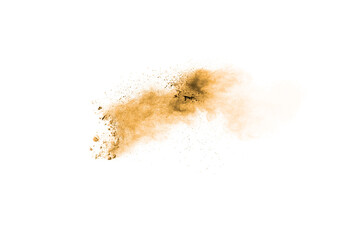 Fototapeta na wymiar Brown powder dust cloud.Brown particles splattered on white background.