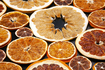 Dried slices of various citrus fruits. vitamin citrus fruits for healthy food