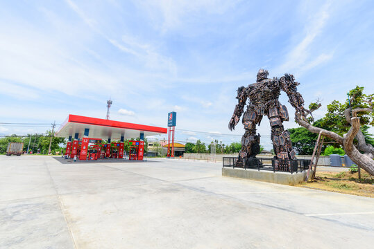 NakhonPathom , Thailand -  6  August, 2020 : Big MEGATRON Model concept in Caltex petrol station in NakhonPathom KM.14