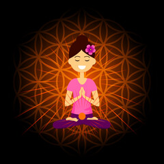 Cartoon character smiling woman is sitting in lotus position with namaste hands. Swadhisthana  chakra activation. Vector illustration.