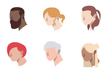 Set of minimal icon. People 3/4 view. Isolated avatars portraits. Cartoon characters with various hairstyles. Vector illustration Eps10.	