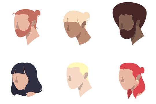 Set of minimal icon. People 3/4 view. Isolated avatars portraits. Cartoon characters with various hairstyles. Vector illustration Eps10.	