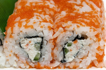 Closeup of two Uramaki sushi roll pieces