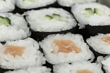 Set of makizushi sushi rolls with tuna and cucumber