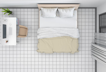 top view of interior bedroom with desktop computer. 3D render