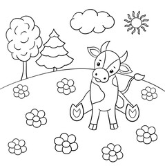 Little bull sitting in a meadow, coloring page