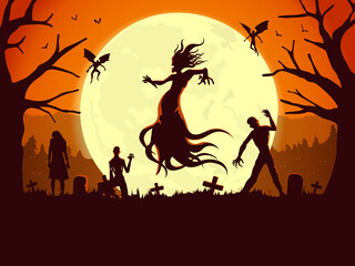 Silhouette of flying evil spirit and devil in the graveyard in full moon night. Concept Illustration about zombie ghost and fantasy.