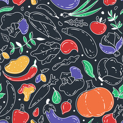 Vegetables seamless pattern on dark. Healthy food background. Farm fresh, organic, eco vegetables. Vegetarian vegan food. Vector illustration. Great for restaurant menu backdrop, healthy food concept