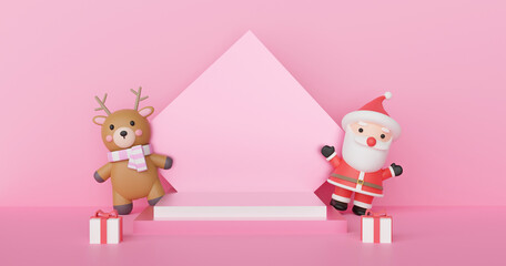 Obraz na płótnie Canvas Merry Christmas , Christmas celebrations with Santa clause and friend with podium for a product . 3d rendering .