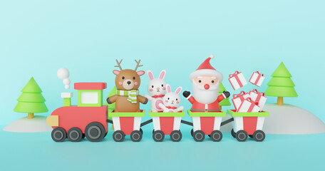  Merry Christmas and Happy New Year, Christmas background with cute Santa clause and friend standing on a train . 3d rendering .