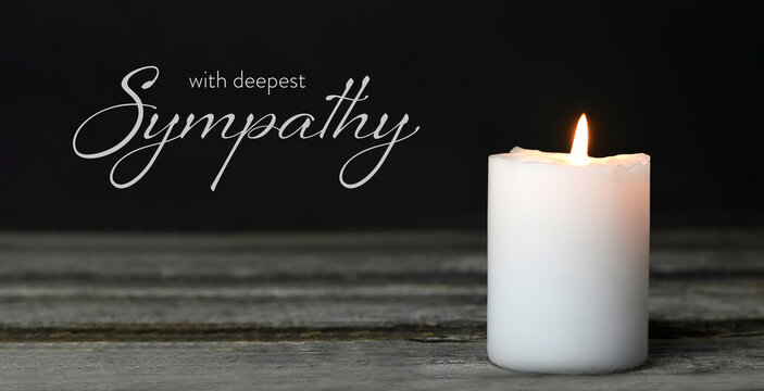 Sympathy Card. Memorial Candle On Wooden Background