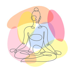 Woman yoga continuous one line vector illustration. Keeping fit, training body and mind lineart. Overlapping paint, color splashes background. Healthy lifestyle, care wellbeing. Girl relaxing.