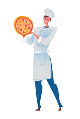 Cheerful chef holding pizza. Cartoon vector illustration with people and their professions.