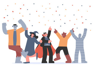 Vampire, Frankenstein, witch, and monster friend of them dancing with happiness in Halloween party with ribbon in the air. Fantasy Concept Illustration about celebration of cute devil.