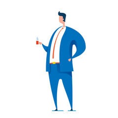 A business man is standing with a cup of hot tea or coffee. Vector illustration of an office worker on an isolated background.