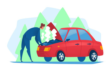 Breakdown of the car. The businessman is trying to fix his vehicle. Vector illustration of a broken red automobile on the road.