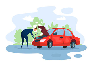 Breakdown of the car. The businessman is trying to fix his vehicle. Isolated vector illustration of a broken red car on the road.