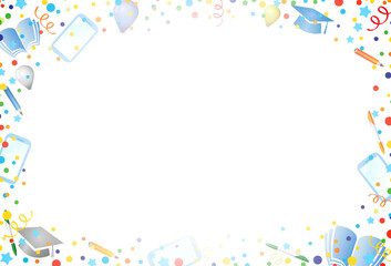 Creative bright school background. Back to school or Class Off color banner concept. Holiday frame with confetti. Educational objects. Empty sheet of paper. Isolated abstract graphic design template.