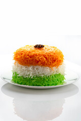 Indian Tricolor or Tiranga Rice for indian Republic and Independence day, served in a ceramic plate