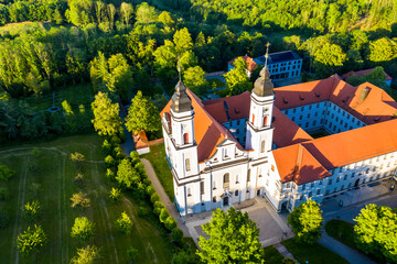 Aerial view in the evening, Irsee, Benedictine monastery in Irsee, Diocese of Augsburg, Bavaria,...
