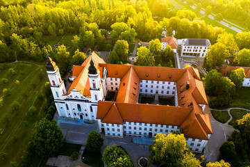 Aerial view in the early morning, Irsee, Benedictine monastery in Irsee, Diocese of Augsburg, Bavaria, Germany,
