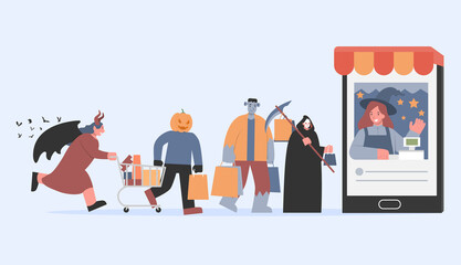 Frankenstein with a shopping bag and angels of death and pumpkin monster walking to the cashier in smartphone. Illustration about shopping online in Halloween tradition of devil group.