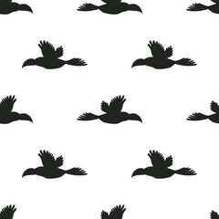 Pattern with flying toucans. Vector seamless texture.