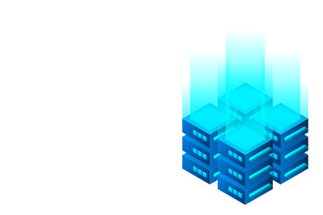 Fototapeta premium Datacenter isometric vector illustration. Abstract 3d hosting server or data center room background. Network or mainframe infrastructure website header layout. Computer storage or farming workstation.