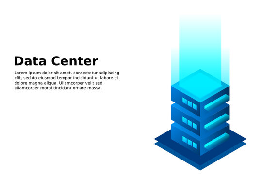 Datacenter isometric vector illustration. Abstract 3d hosting server or data center room background. Network or mainframe infrastructure website header layout. Computer storage or farming workstation.