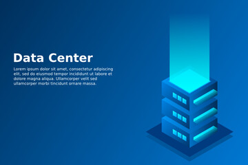 Datacenter isometric vector illustration. Abstract 3d hosting server or data center room background. Network or mainframe infrastructure website header layout. Computer storage or farming workstation.