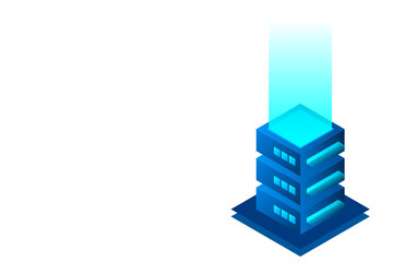 Datacenter isometric vector illustration. Abstract 3d hosting server or data center room background. Network or mainframe infrastructure website header layout. Computer storage or farming workstation.