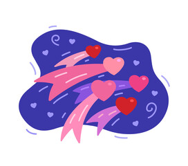 Flying hearts on a background of the night sky. Valentine's Day. Vector flat illustration.