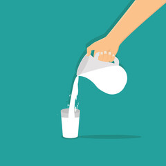 hand of pouring milk into a glass, flat design premium vector illustration