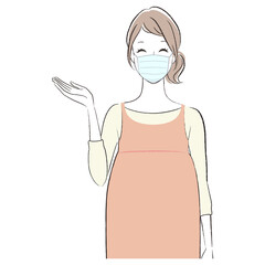 笑顔で案内する妊婦さん　マスク