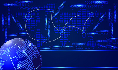 Vector digital business geographic background with globe image, world map and numbers. Vector graphics on a geometric dark blue background. 
