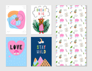 Cute scandinavian print set with seamless pattern. Hand drawn vector. Kids wall art, prints, baby shower, greeting cards, birthday card, t-shirt. Modern illustration.