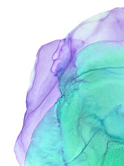 Airy colourful illustration on white background with space for your text, copy. Banner, website Hero section image. Alcohol ink, paint texture. Closeup of the painting. Soft airy color gradient, blend