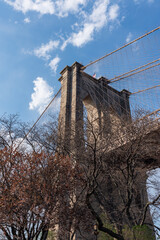 Vertical shot of the Brooklyn Bridge from under the bridge during springtime