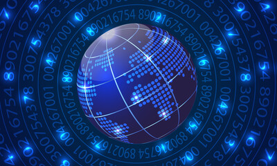 Geographic background of digital business vector with globe image, world map, meridians, circles and luminous numbers. Vector graphics on a geometric dark blue background.