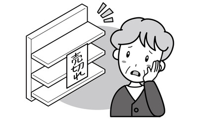 店で売切れの棚を見て困っているおばあさん