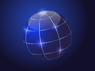 Geographic background with globe, meridians and luminous points. Vector graphics on a dark blue background.