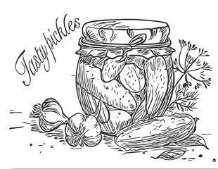  Pickled cucumbers vegetables in a glass jar and cucumber with leaves and a garlic. Ingredients for pickling cucumbers. Vector drawn line art illustration