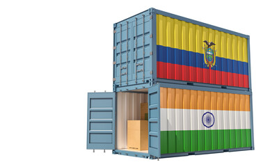 Fototapeta premium Freight container with India and Ecuador flag. Isolated On white. 3D Rendering