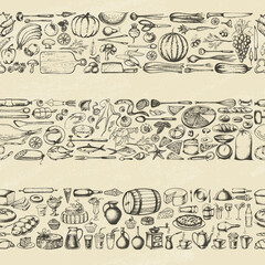 Retro vintage style food design on old paper. Hand drawn elements for cooking, vegetables, restaurant and vegetarian food. Seamless background. Vector illustration.