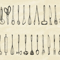 Set of silhouette kitchen tools on old paper. Doodle style. Set of Cutlery. Retro vintage style. Seamless pattern. Vector illustration.