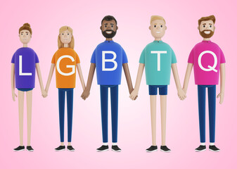 Happy people of different nationalities holding hands. LGBT community. A group of gay, lesbian, bisexual and transgender activists. 3D illustration in cartoon style.