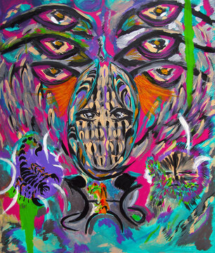 Hypnosis, the first incarnation. Scorpio, frog, eyes. Acrylic, painting