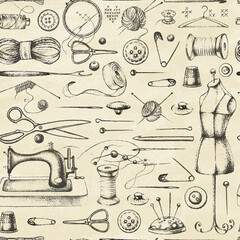 Set of needlework - scissors, measuring tape, mannequin, sewing and more on old paper. Retro vintage style. Seamless pattern. Vector illustration