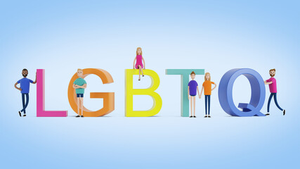 LGBT community. A group of gay, lesbian, bisexual and transgender activists. 3D illustration in cartoon style.