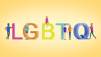 LGBT community. A group of gay, lesbian, bisexual and transgender activists. 3D illustration in cartoon style.